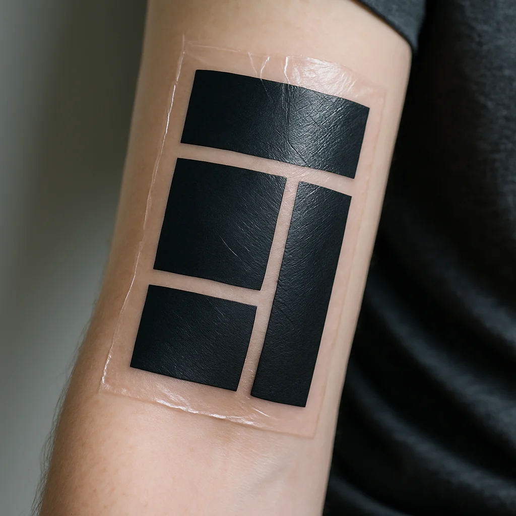 Fresh blackwork geometric band panel on an inner forearm sealed under clear second skin film