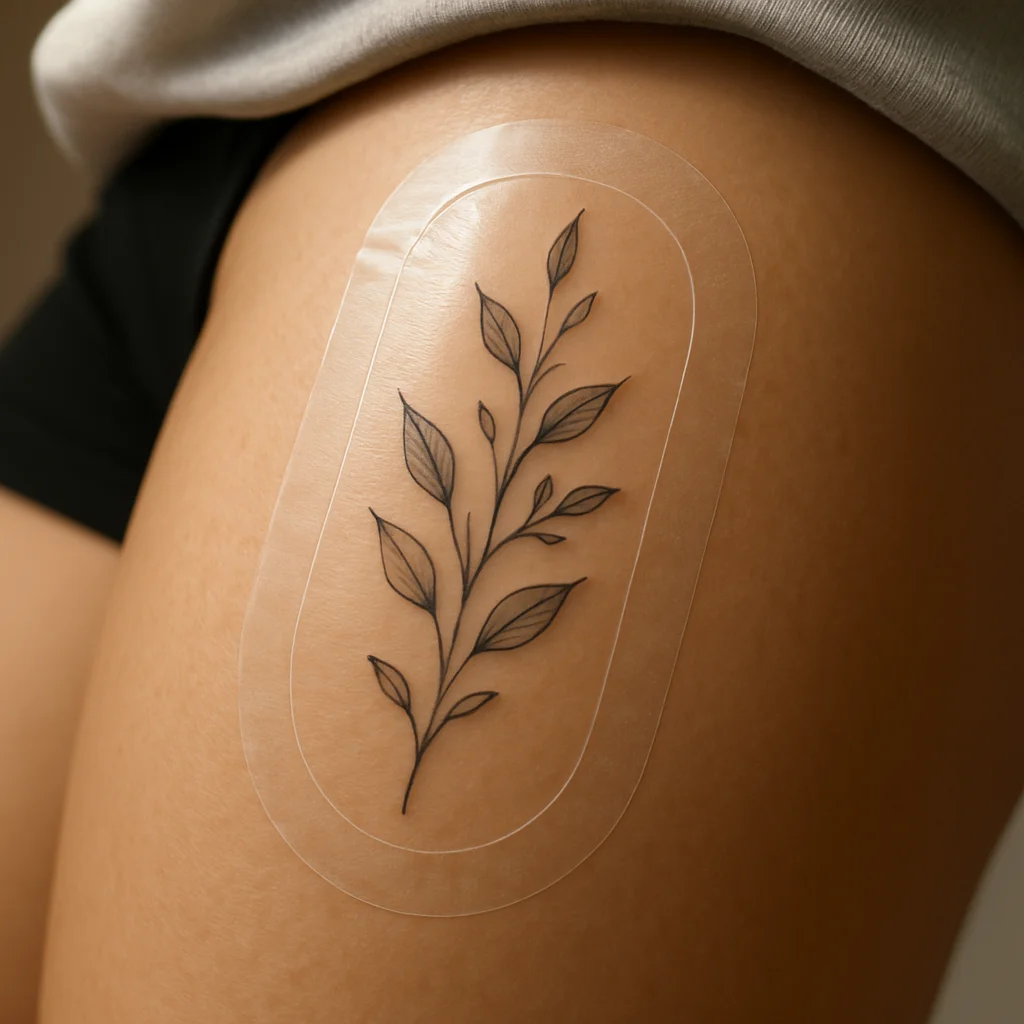 Fresh fine-line botanical inner thigh tattoo healing under a clear protective bandage