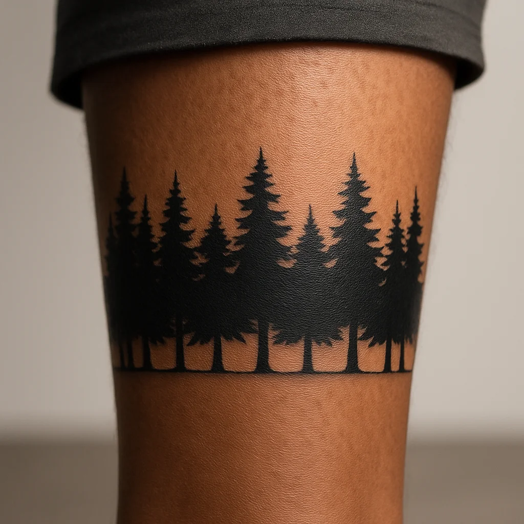 Freshly healed blackwork treeline band tattoo on a man's calf with crisp black tones