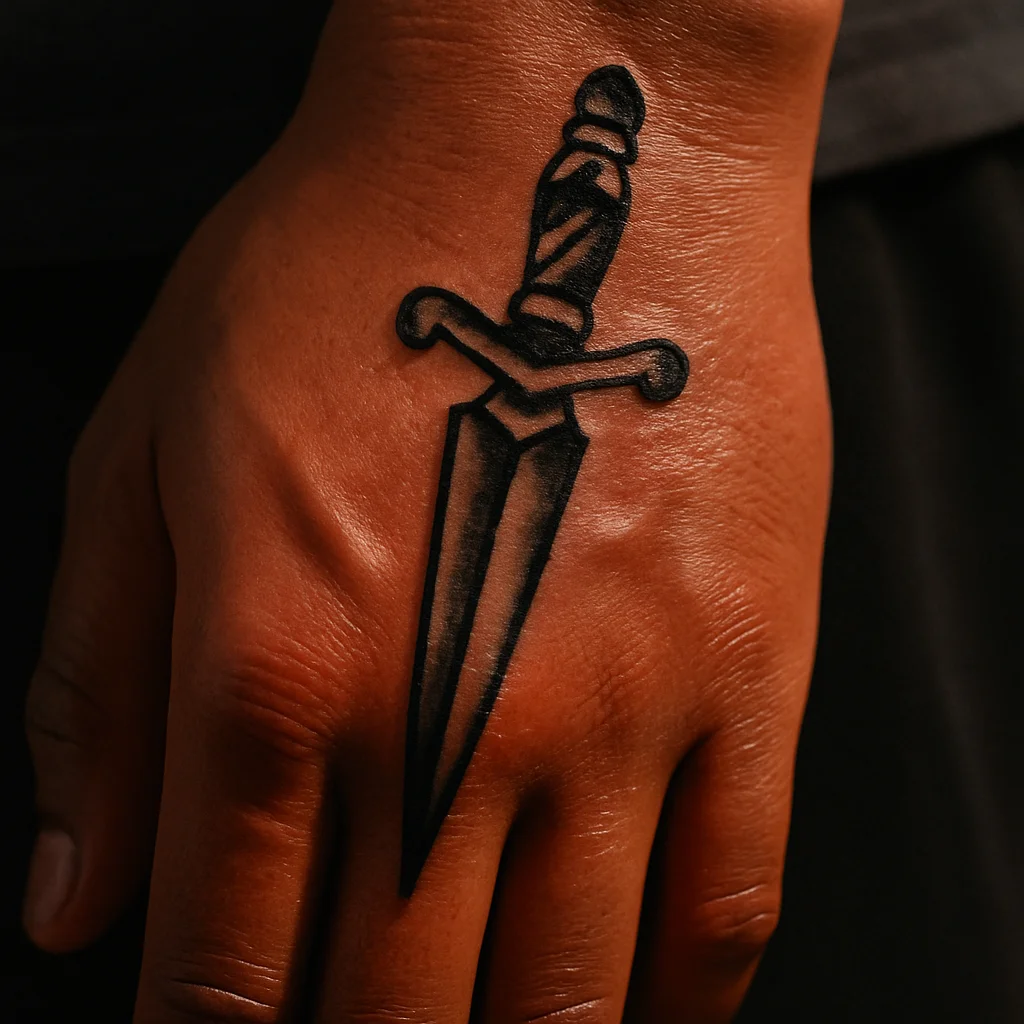 Freshly healed bold traditional dagger tattoo on the back of a man's hand showing crisp linework