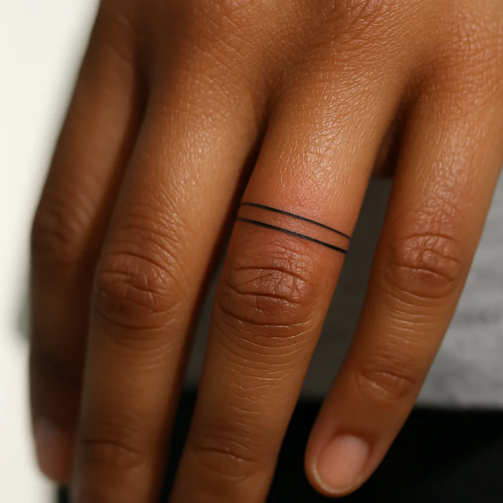 Freshly healed fine-line band tattoo on a ring finger with slight redness