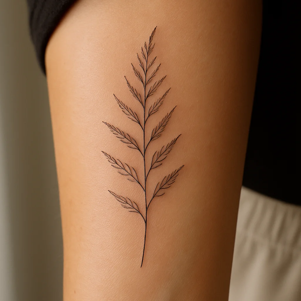 Freshly healed fine-line fern tattoo with a soft pink halo on the inner forearm