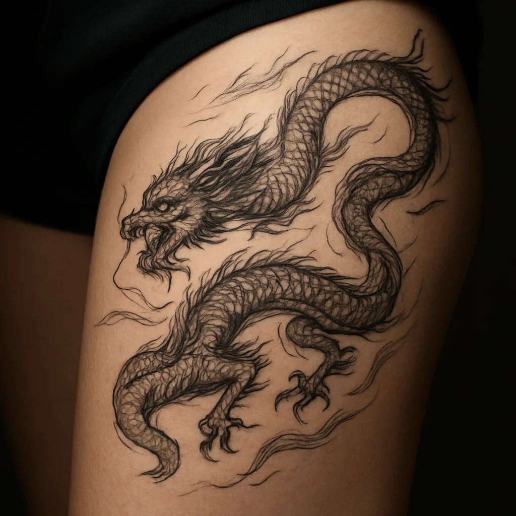 Full Japanese dragon tattoo with wind bar background spiralling down a man's thigh