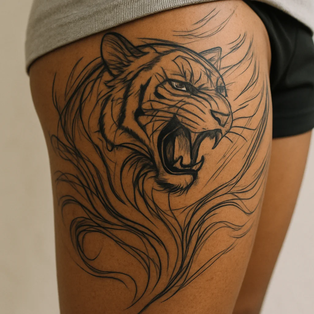 Full leg sleeve layout with a bold focal design on the outer thigh and wrapping background flowing to the knee