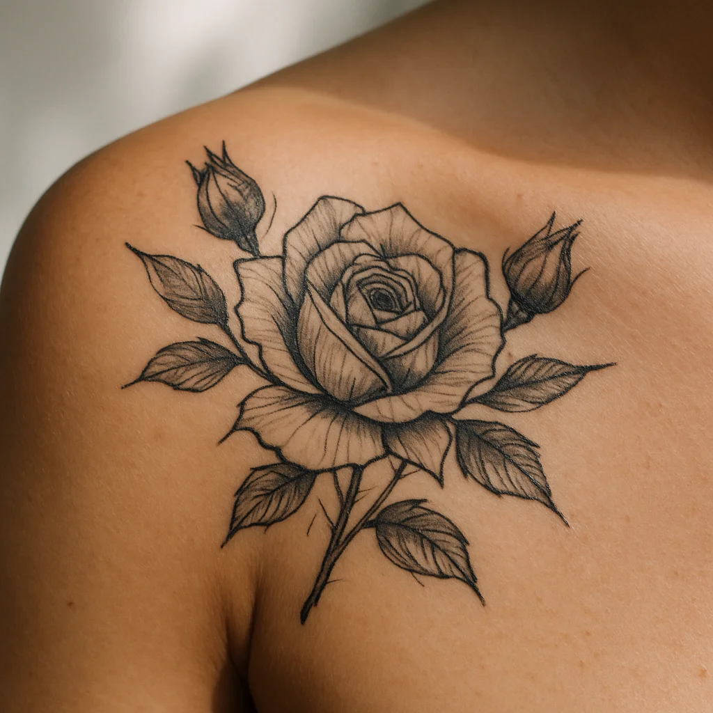 Full open rose bloom with buds, illustrative shoulder tattoo with soft petal shading