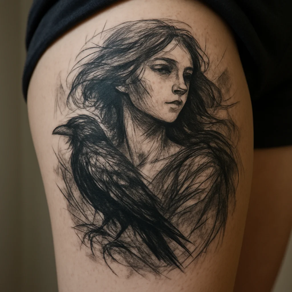 Fully healed black and grey illustrative panel tattoo settled on a man's thigh