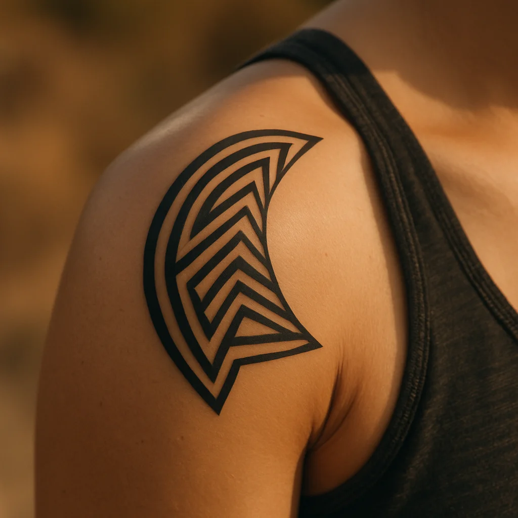 Geometric arc of nested triangles sweeping from collarbone onto the shoulder cap