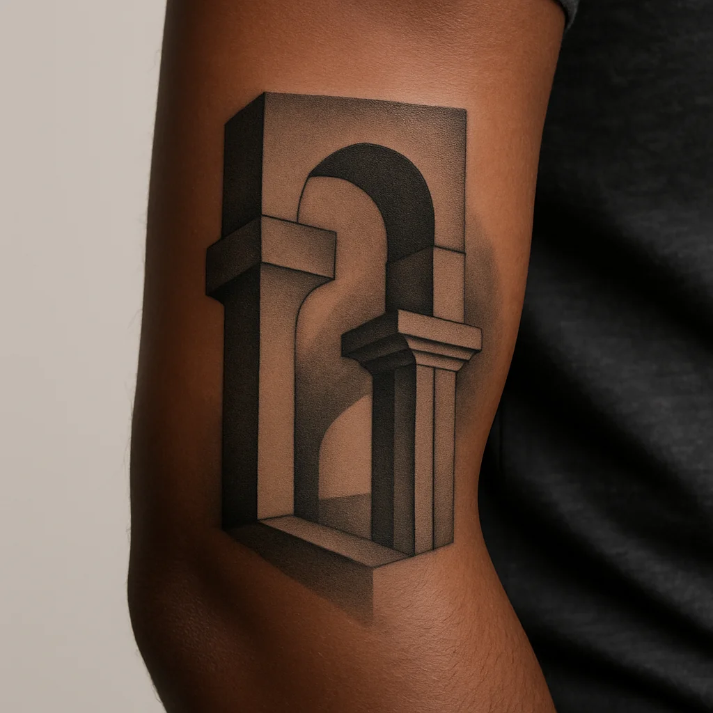 Geometric arch and column tattoo softened with grey wash on the outer forearm