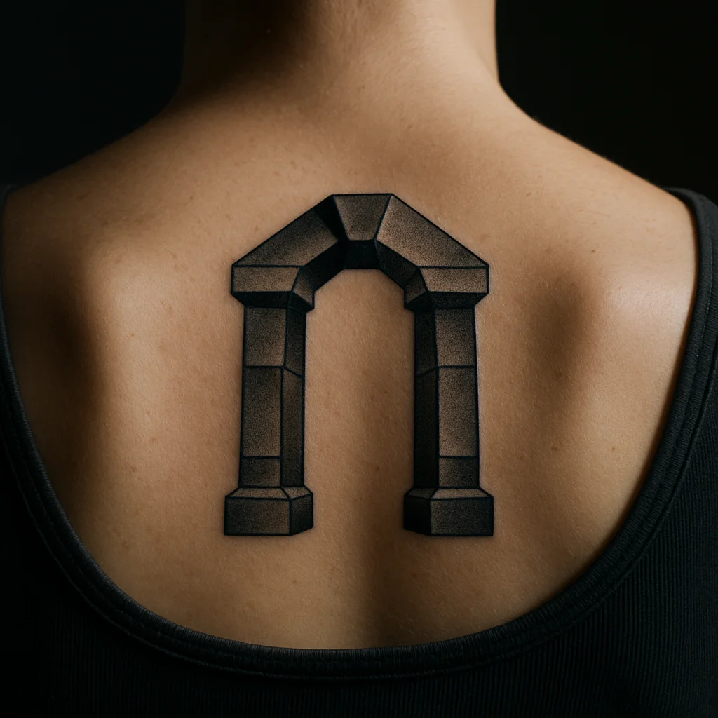 Geometric arch tattoo with two uprights and a keystone marking a threshold on the upper back