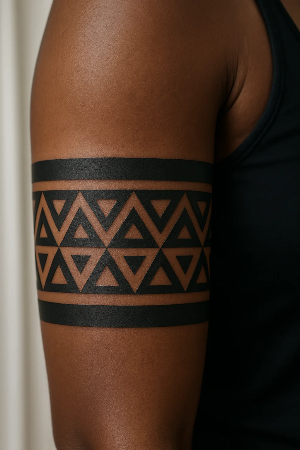 Geometric blackwork armband of nested triangles and negative space on a man's upper arm