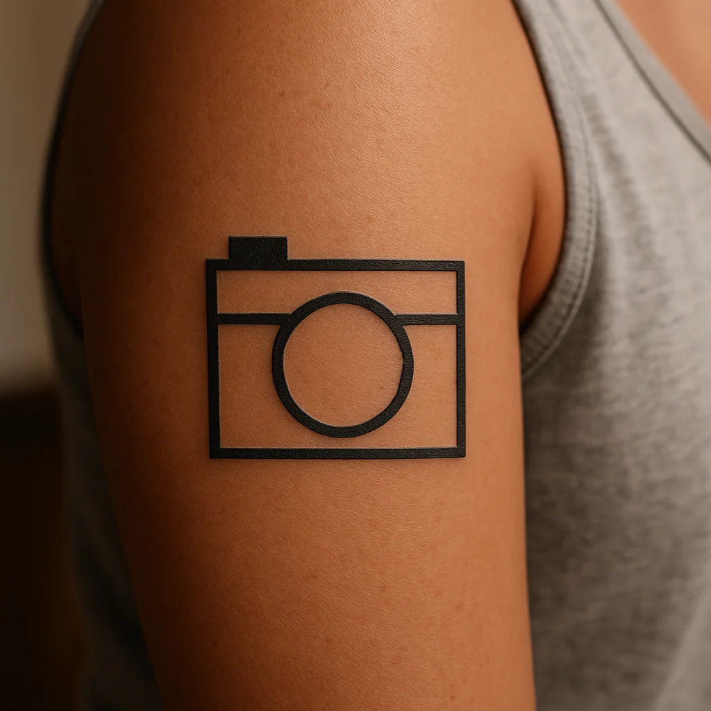 Geometric boxy camera made of simple shapes tattooed on the upper arm