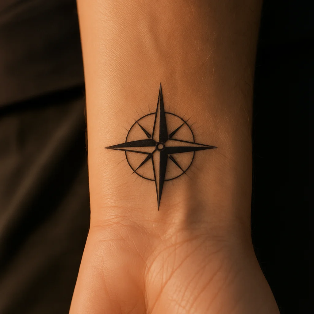 Geometric coin-sized compass rose tattooed on the inner wrist