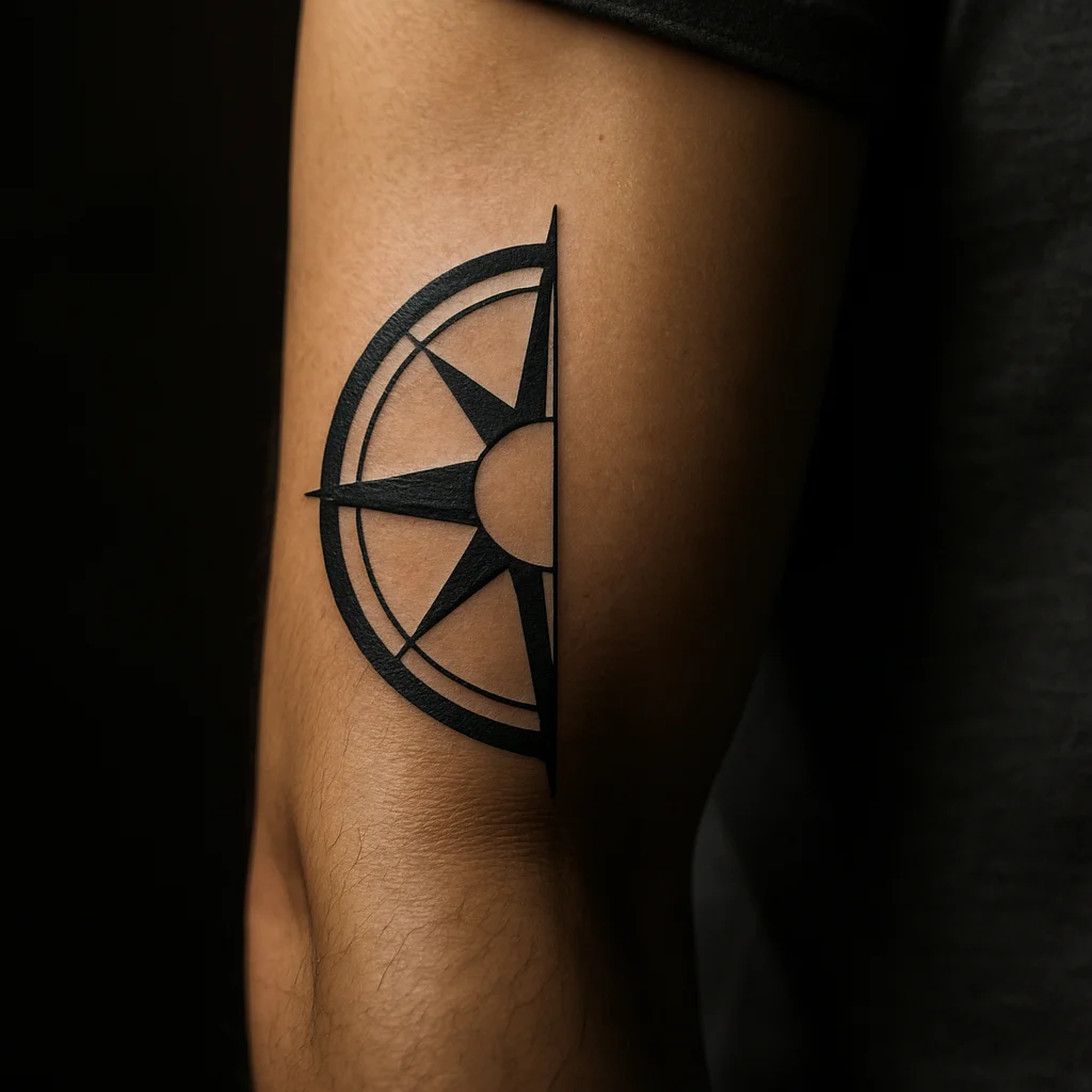 Geometric compass outer ring with cardinal letters tattooed on the inner forearm as half of a split design