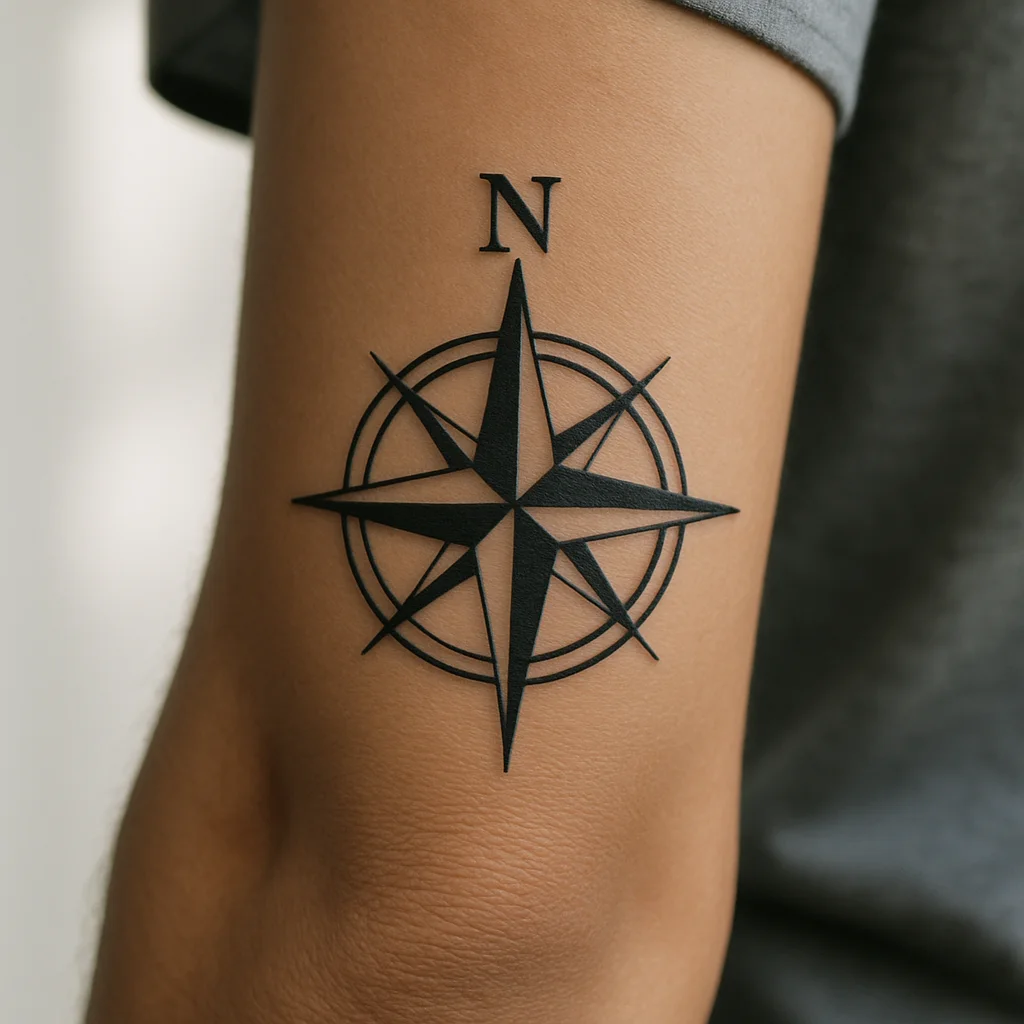 Geometric compass rose tattoo with initials at north on the outer forearm