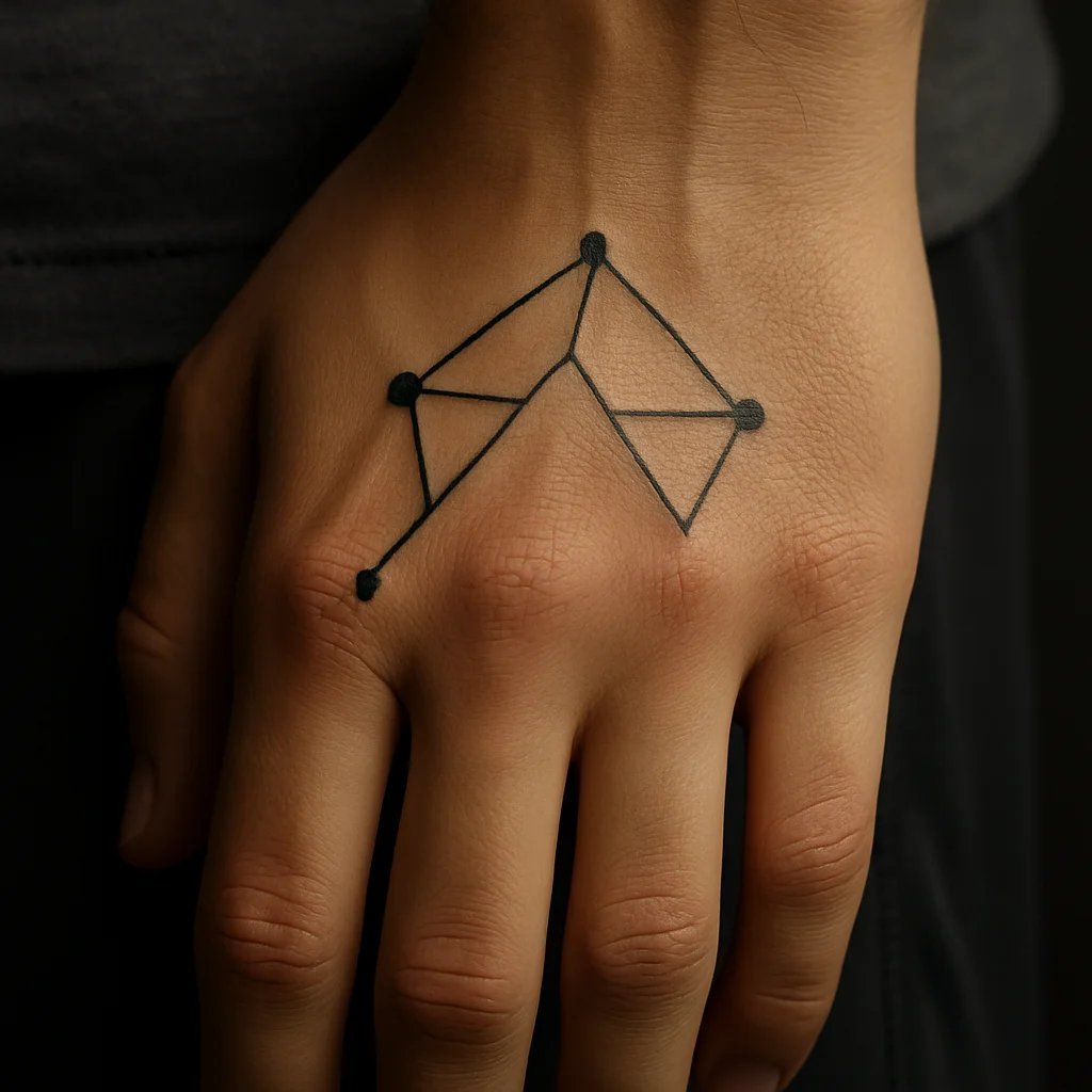 Geometric constellation tattoo with dots across the knuckles of four fingers