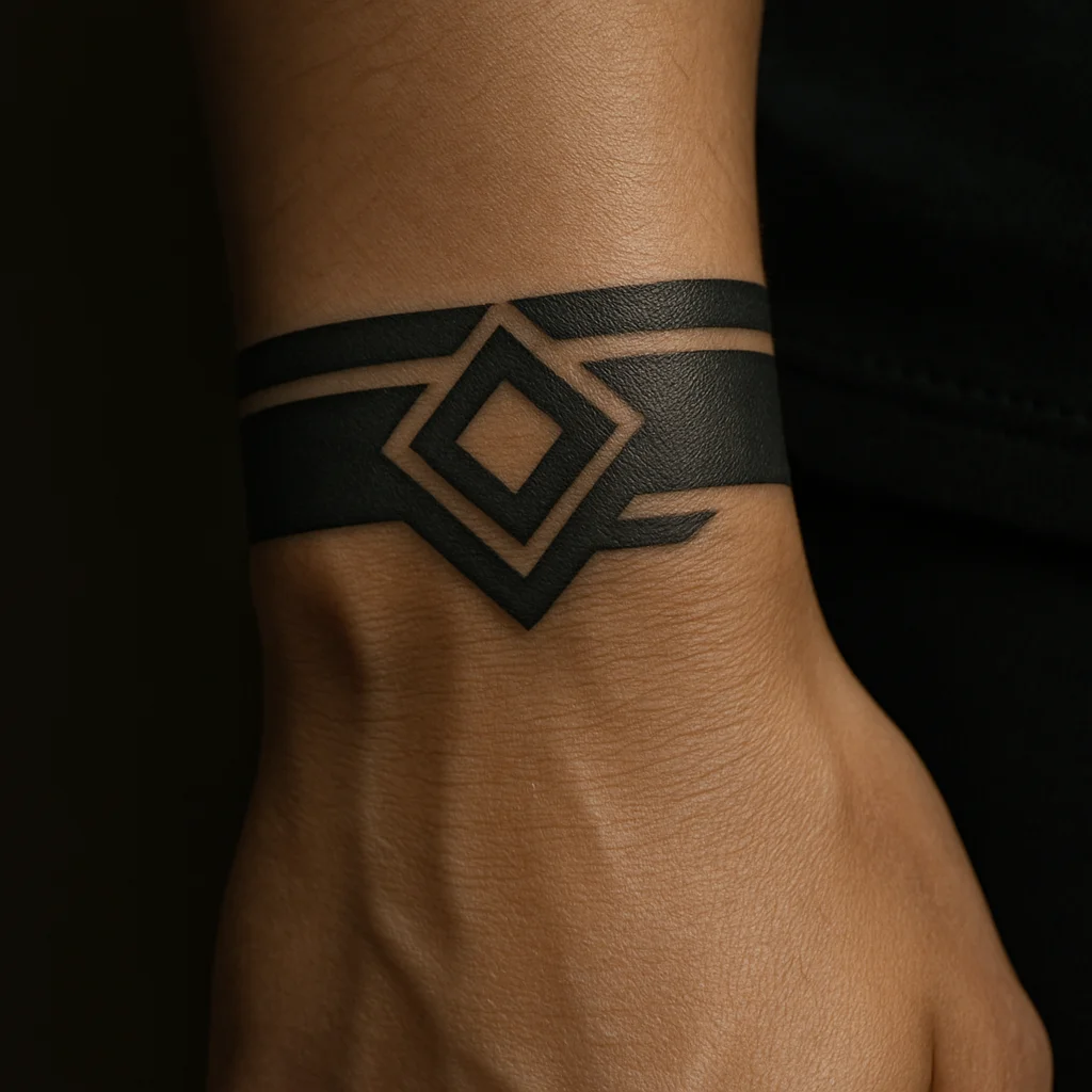 Geometric cuff band tattoo crossing the wrist and hooking onto the side of the hand