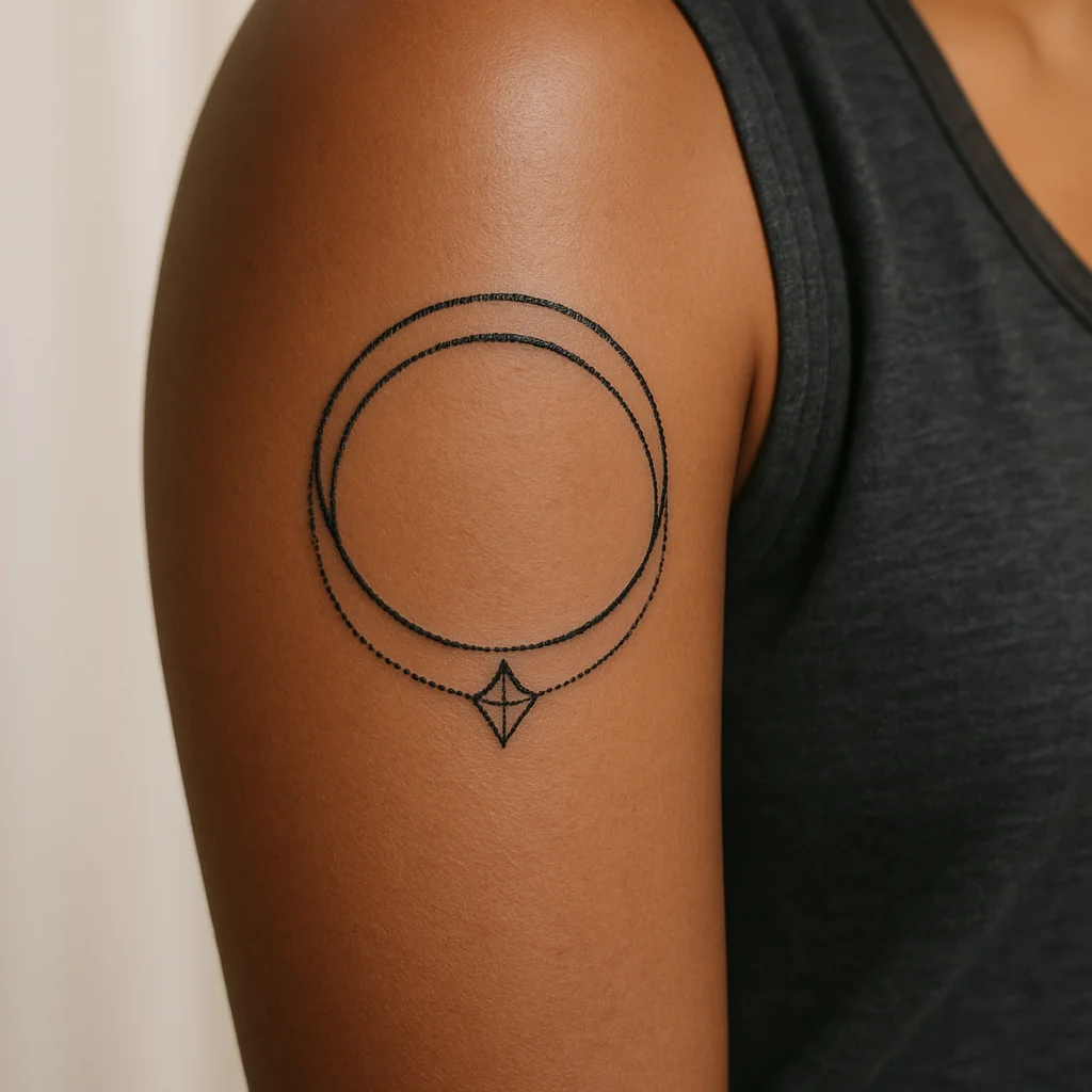 Geometric dot-and-line armband with a diamond accent on a woman's upper arm