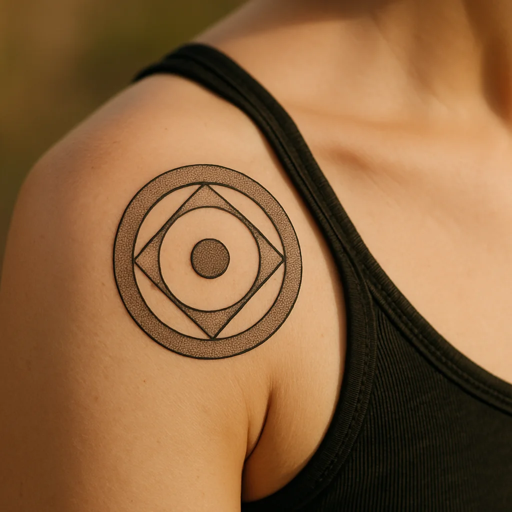 Geometric dot-work concentric rings tattooed on the shoulder