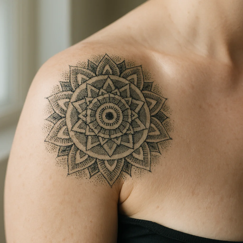 Geometric dot-work mandala tattoo in concentric rings on the shoulder cap