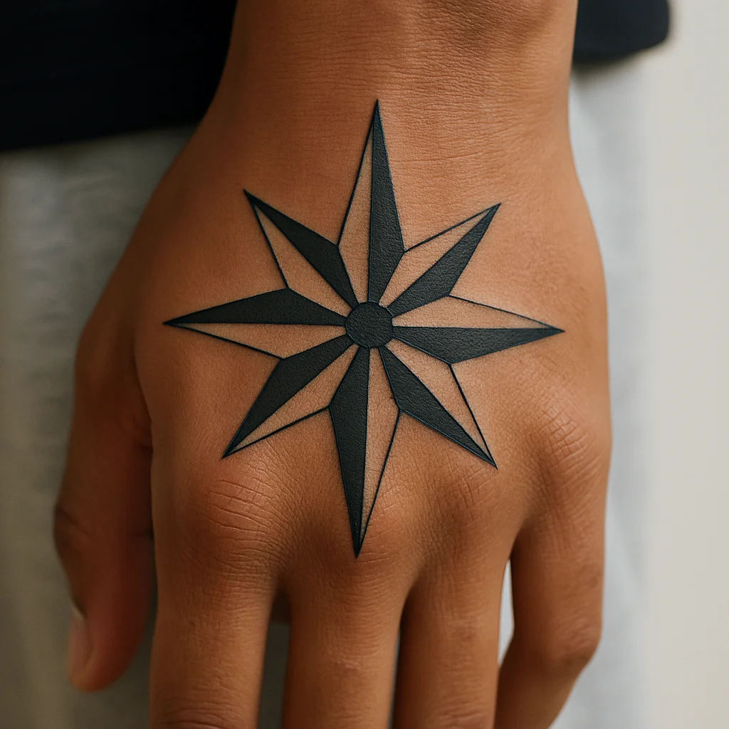 Geometric eight-point compass rose with solid black centre tattooed on the back of the hand