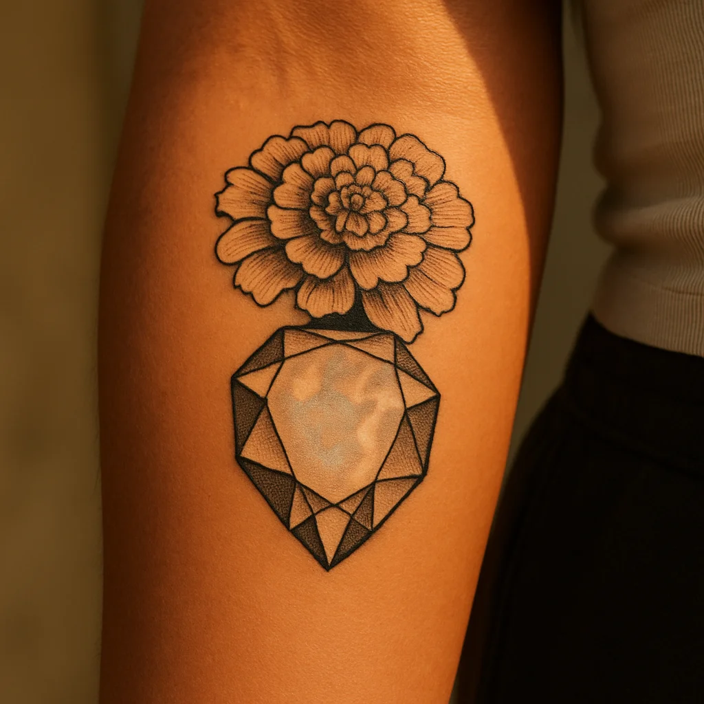 Geometric faceted opal birthstone with a marigold bloom tattooed on the inner forearm