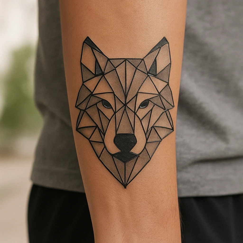 Geometric faceted wolf head tattoo in black on a man's outer forearm