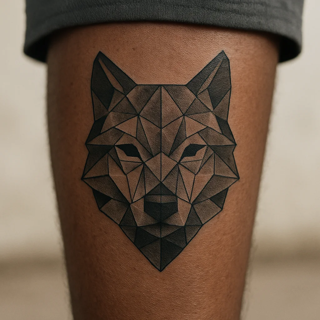 Geometric faceted wolf head tattoo on the outer calf of a man's leg