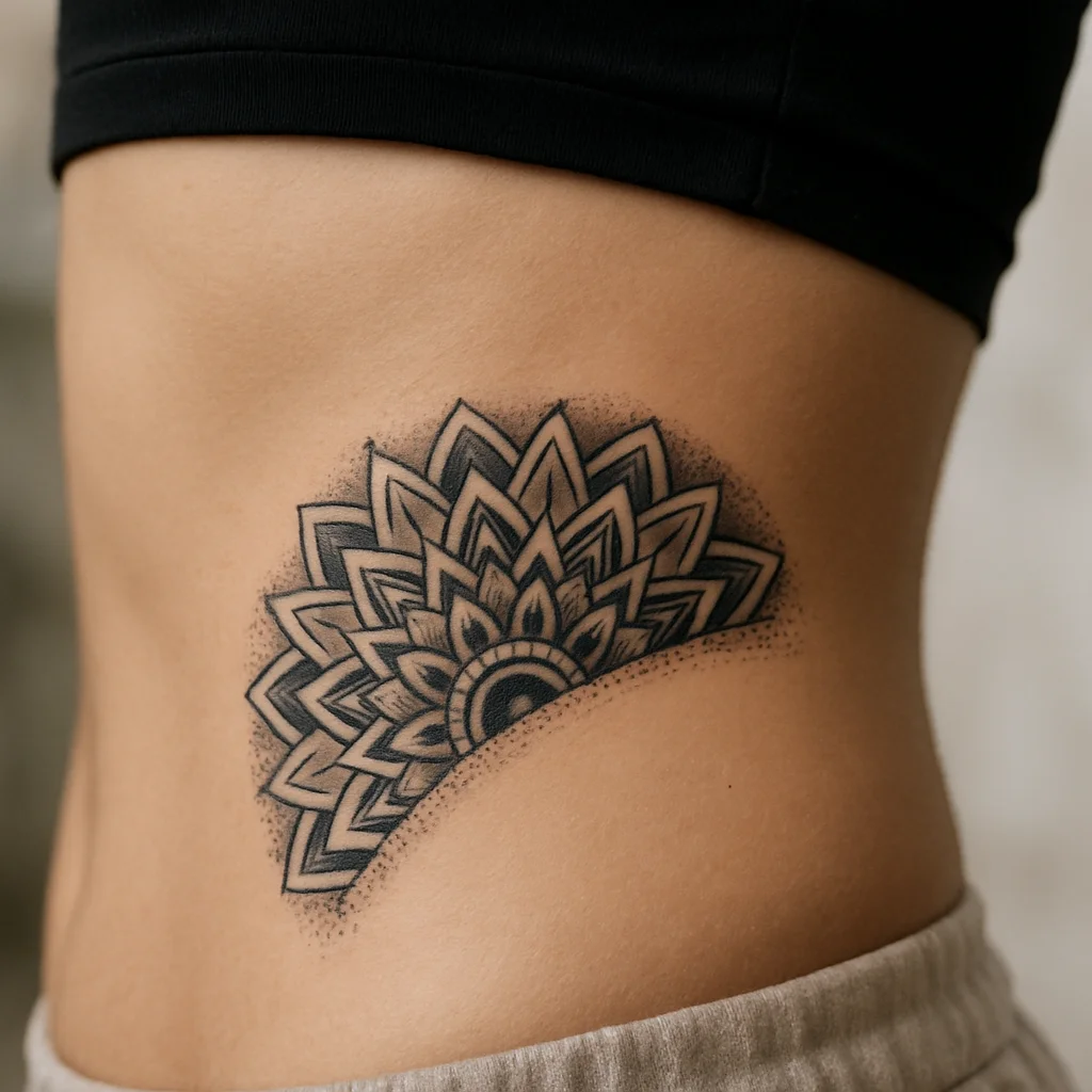 Geometric half-mandala with dotwork arcing across the side of the ribcage