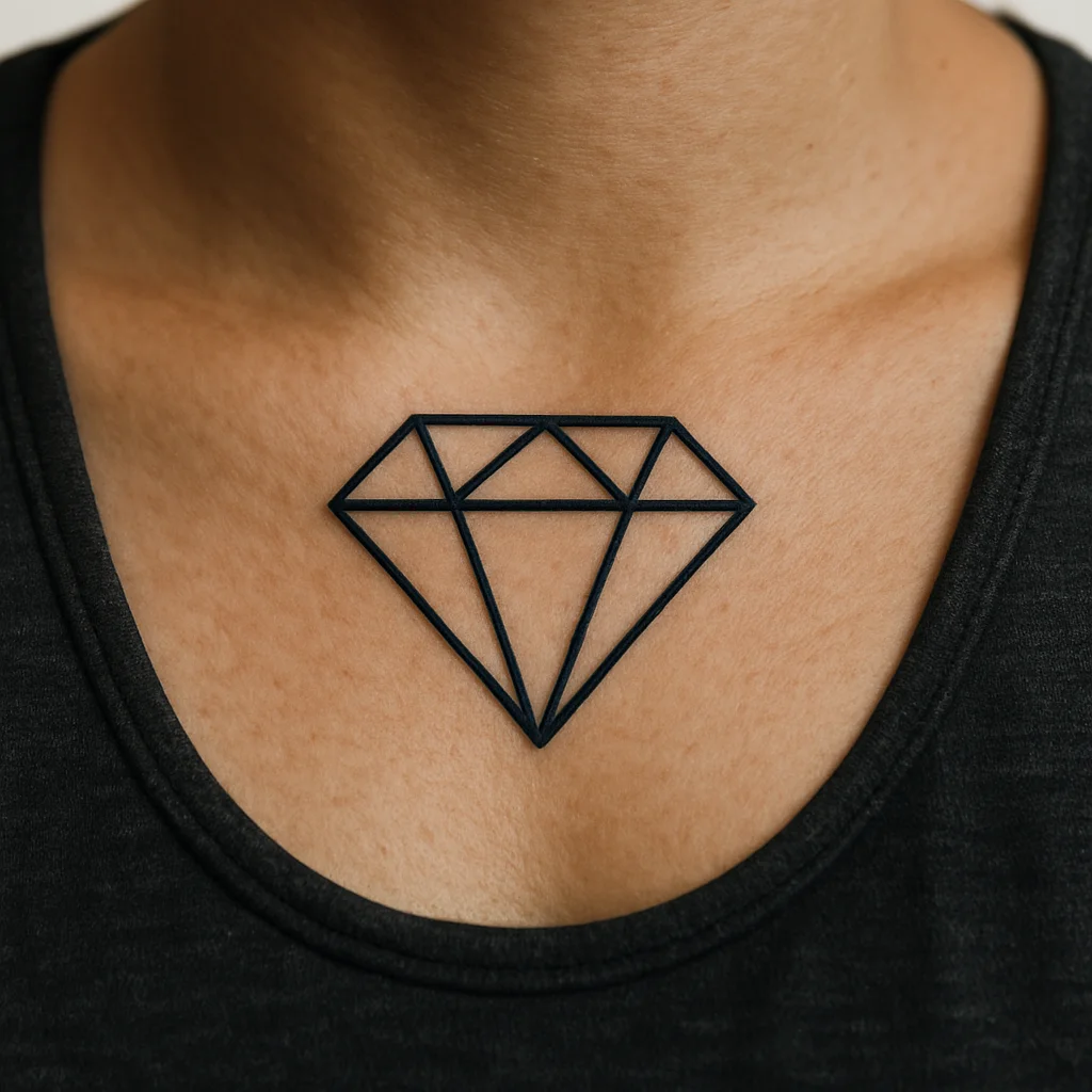 Geometric hollow diamond tattoo sitting in the sternal notch