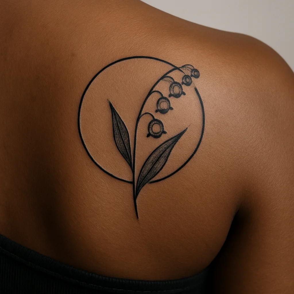 Geometric hoop framing a lily of the valley stem tattooed on the shoulder blade