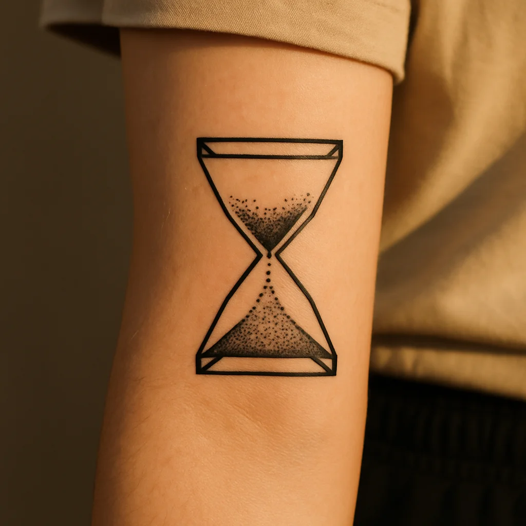 Geometric hourglass with dotted sand tattooed on a man's inner forearm