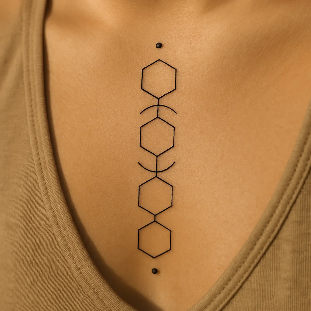 Geometric linework column of hexagons and arcs running down the centre chest