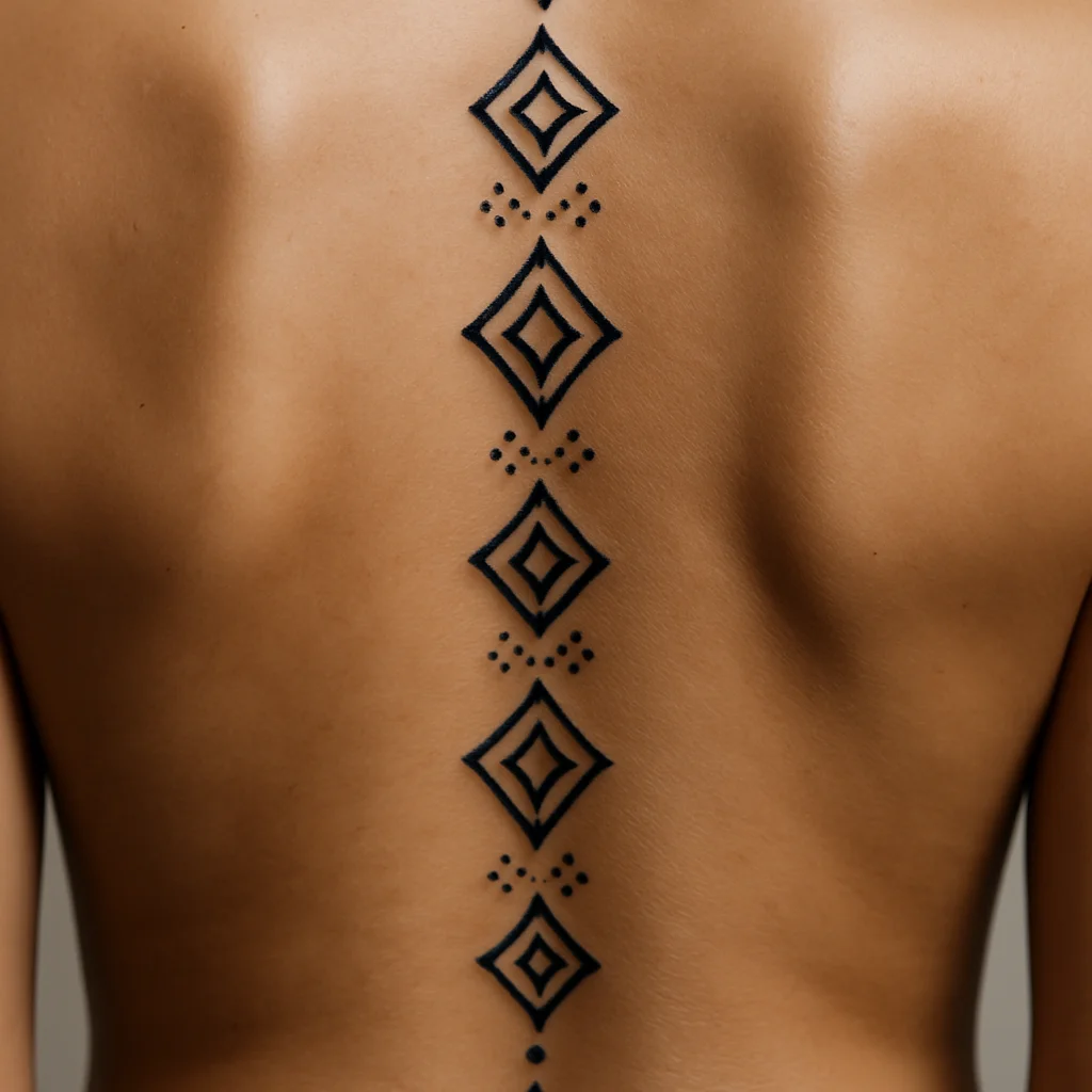 Geometric linked diamond and dot cluster ornamental spine tattoo, one motif per vertebra