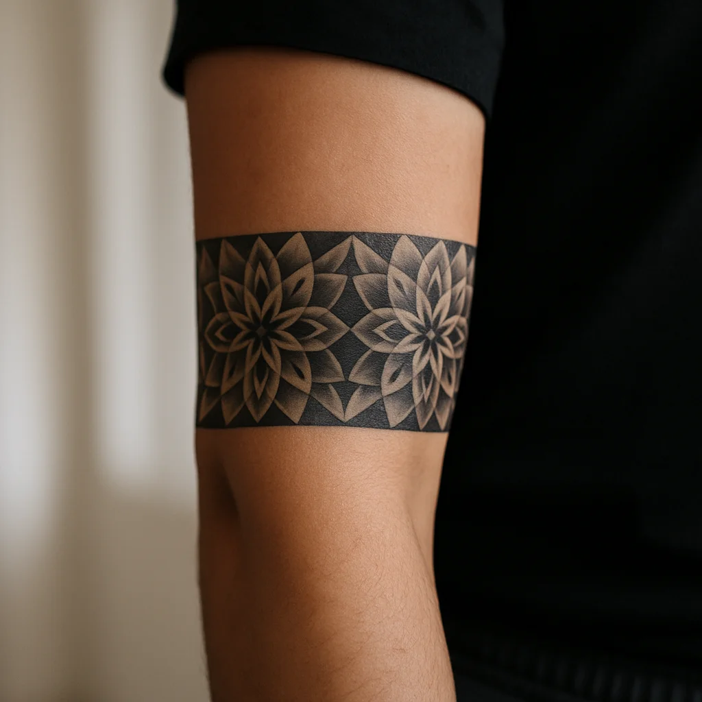 Geometric mandala band with dotwork shading wrapping a man's forearm