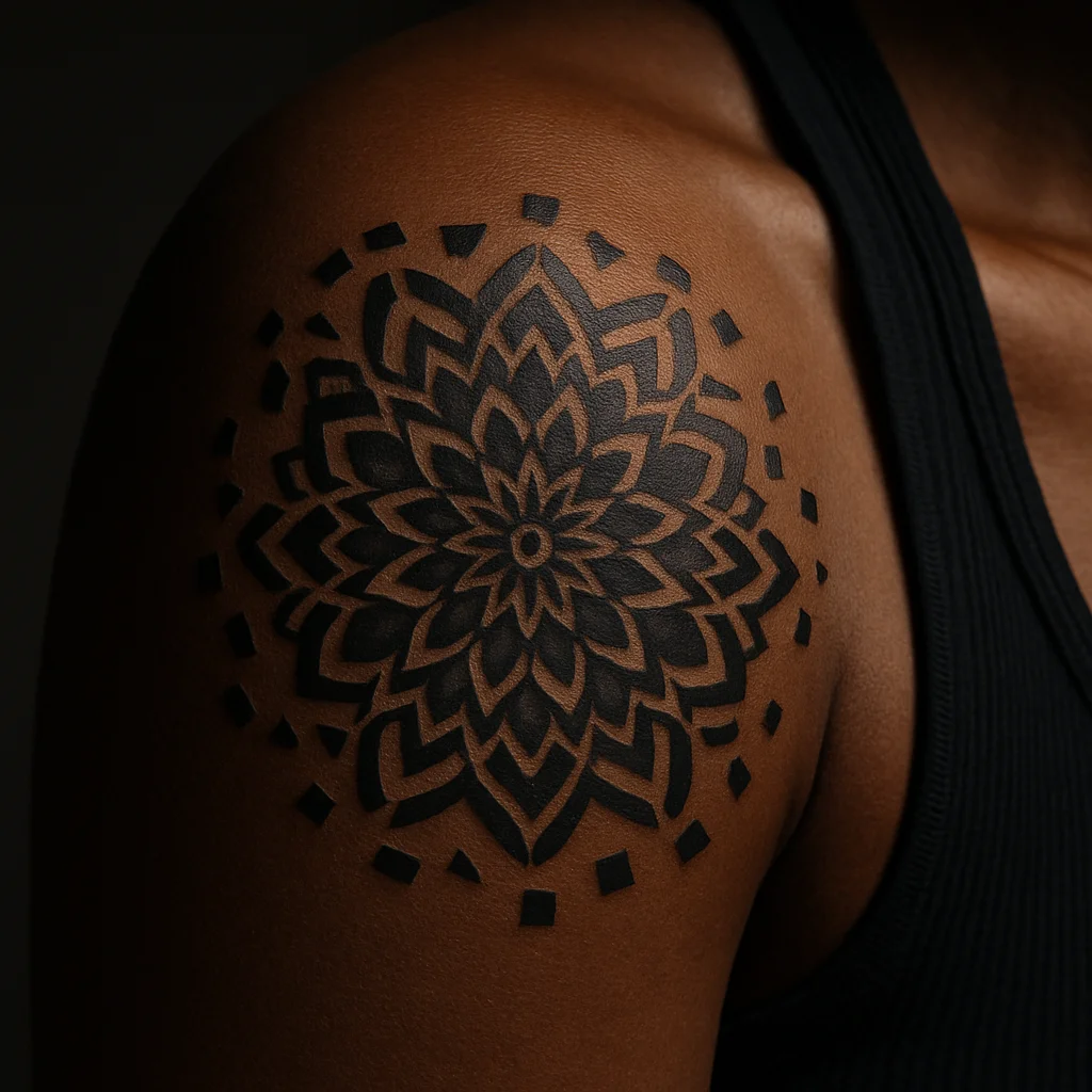 Geometric mandala centred on the deltoid with breaking outer rings on the shoulder