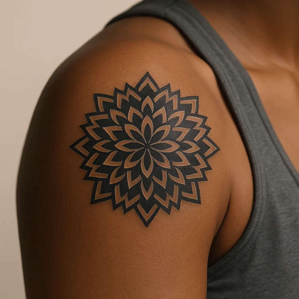 Geometric mandala rosette centred on the rounded deltoid cap of the shoulder