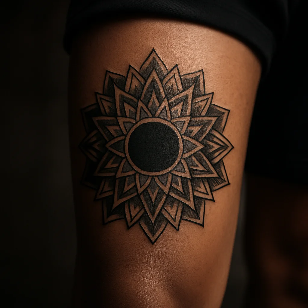 Geometric mandala shield with blacked-out core tattooed on a man's outer calf
