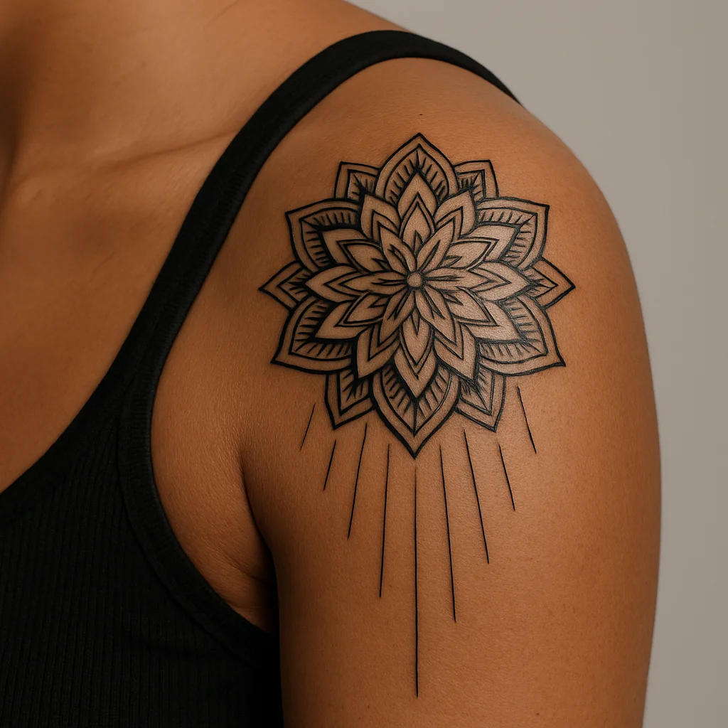 Geometric mandala shoulder cap tattoo with linework rays running down the outer arm