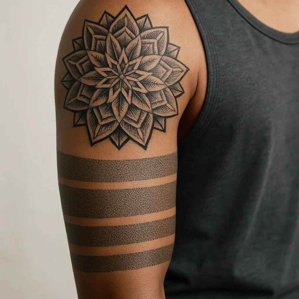 Geometric mandala shoulder cap with dotwork bands running down the arm sleeve