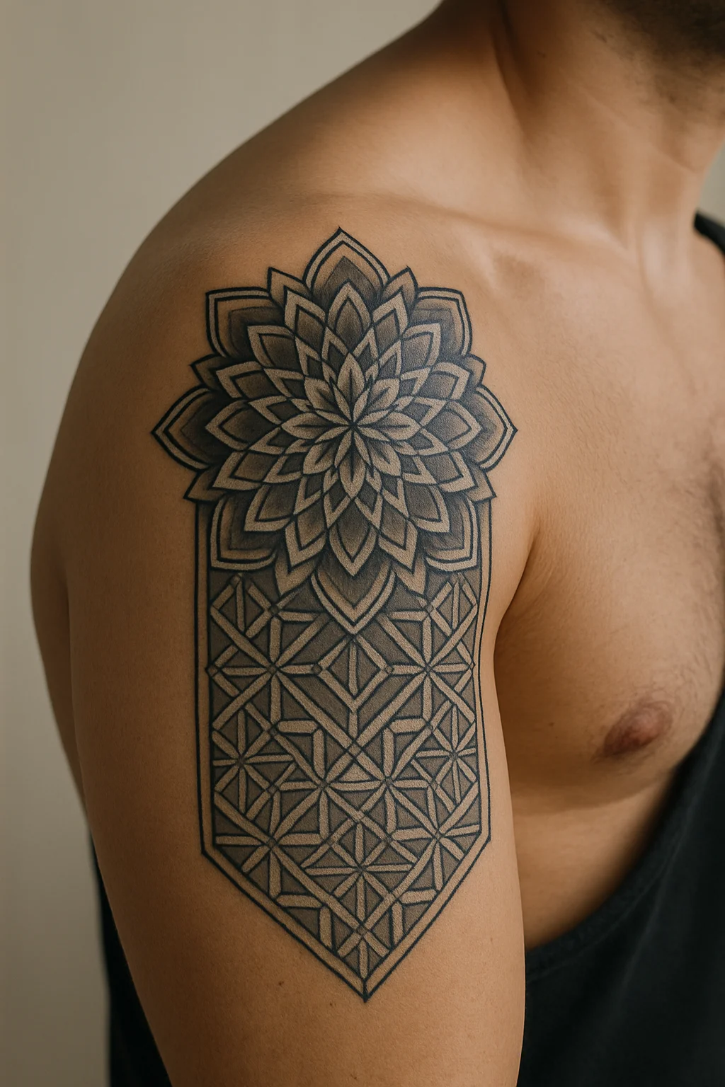 Geometric mandala sleeve panel shaped to the shoulder curve in precise linework