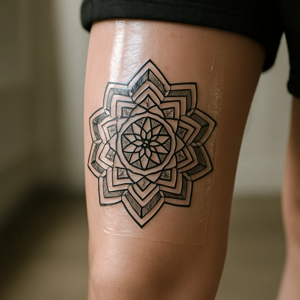 Geometric mandala tattoo on a calf covered by a single sealed sheet of second skin film