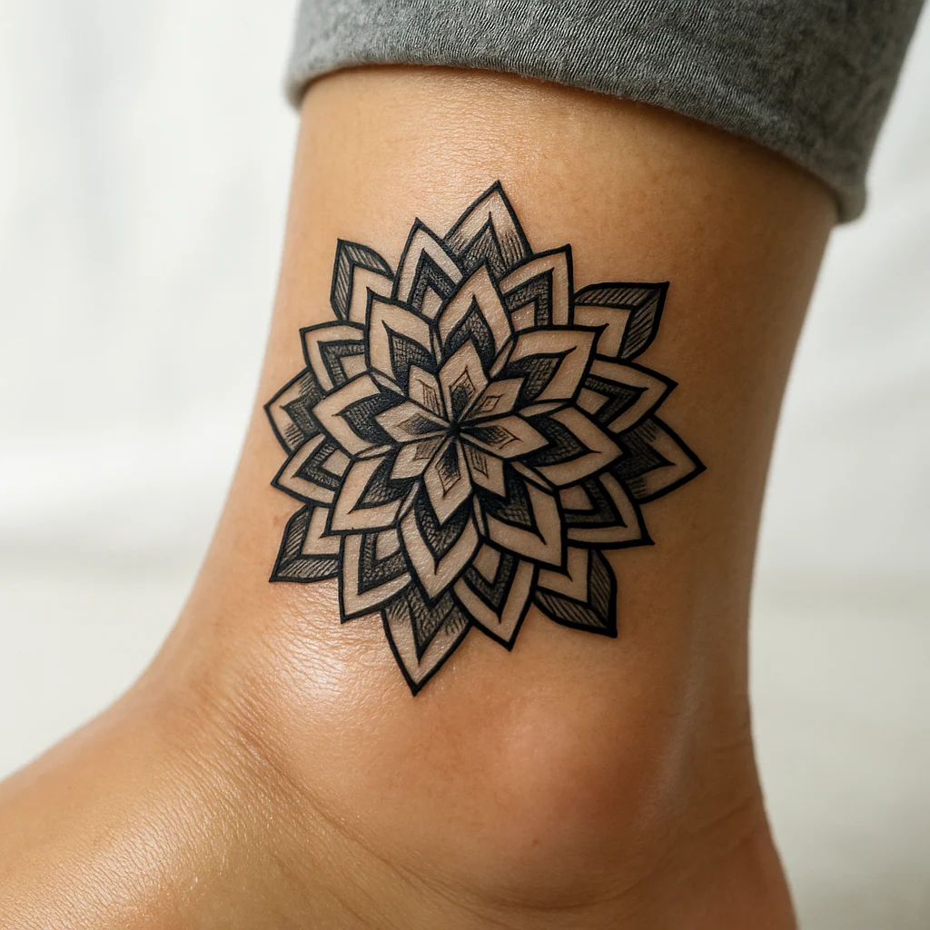 Geometric mandala tattoo on a swollen ankle showing late-onset puffiness during healing