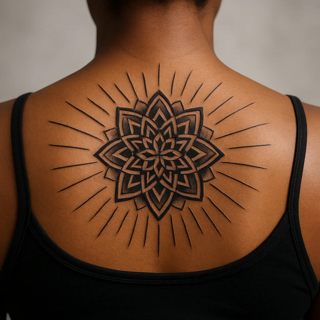 Geometric mandala tattoo with radiating rays between the shoulder blades