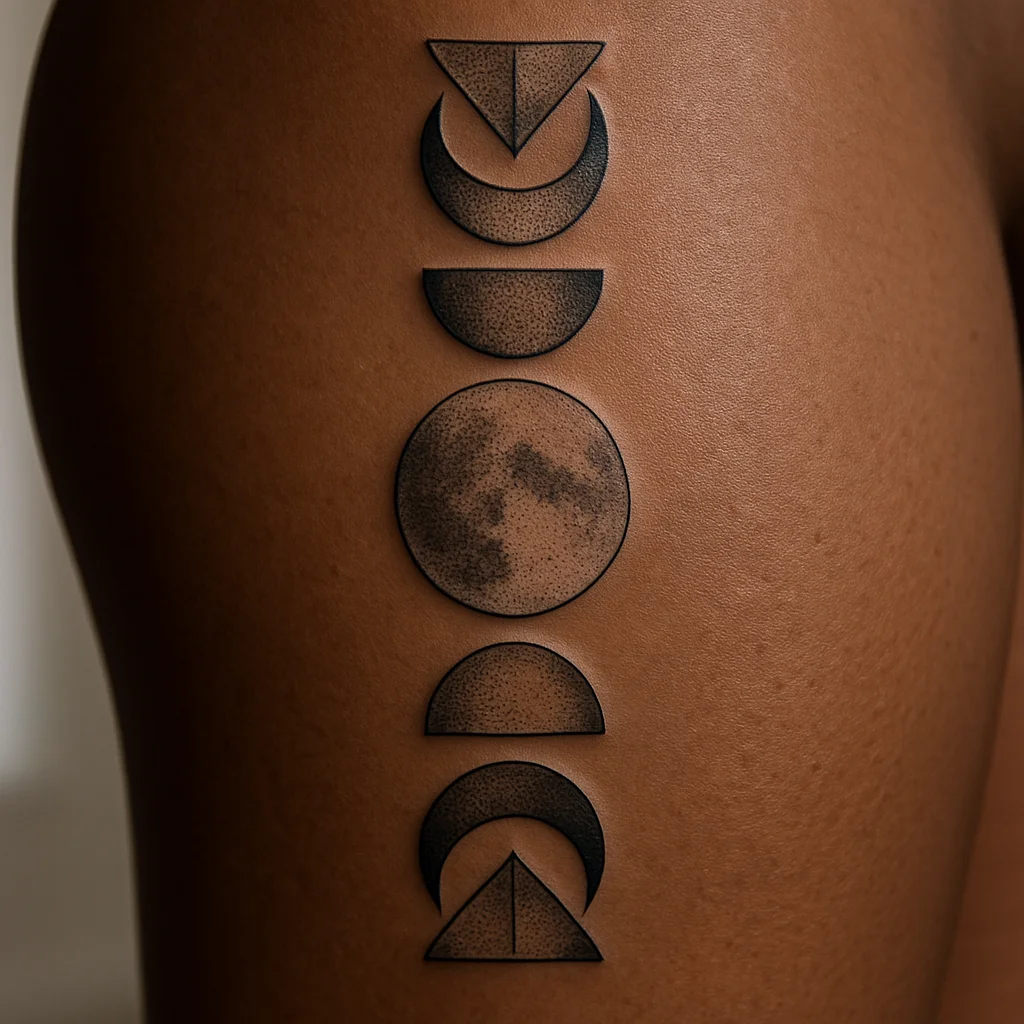 Geometric moon phase column tattoo with dot shading down the front thigh