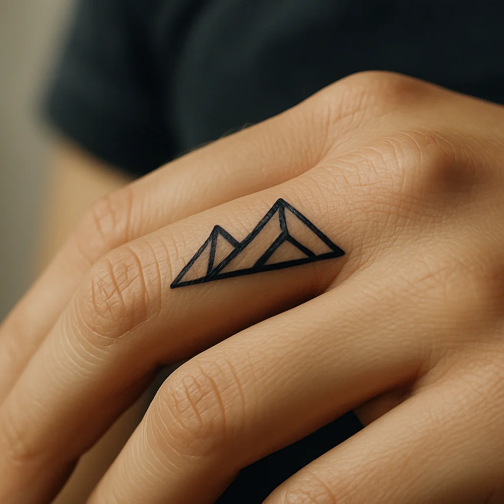 Geometric mountain peak tattoo across the top of an index finger