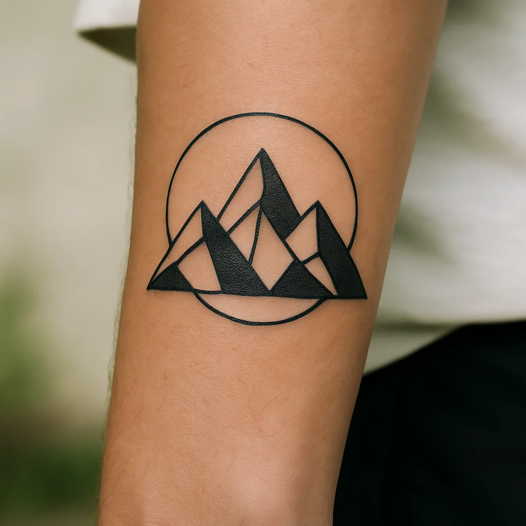 Geometric mountain range and hairline sun circle tattoo on the outer wrist