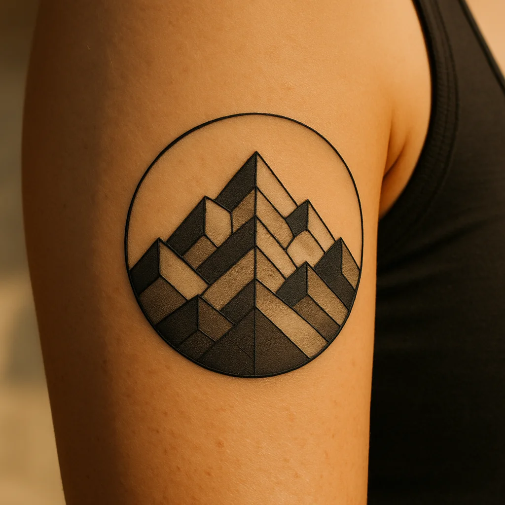 Geometric mountain range inside a thin circle tattooed on a woman's outer bicep