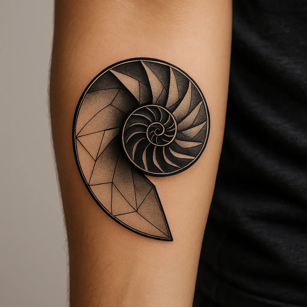 Geometric nautilus cross-section tattoo with shaded chambers on the outer forearm