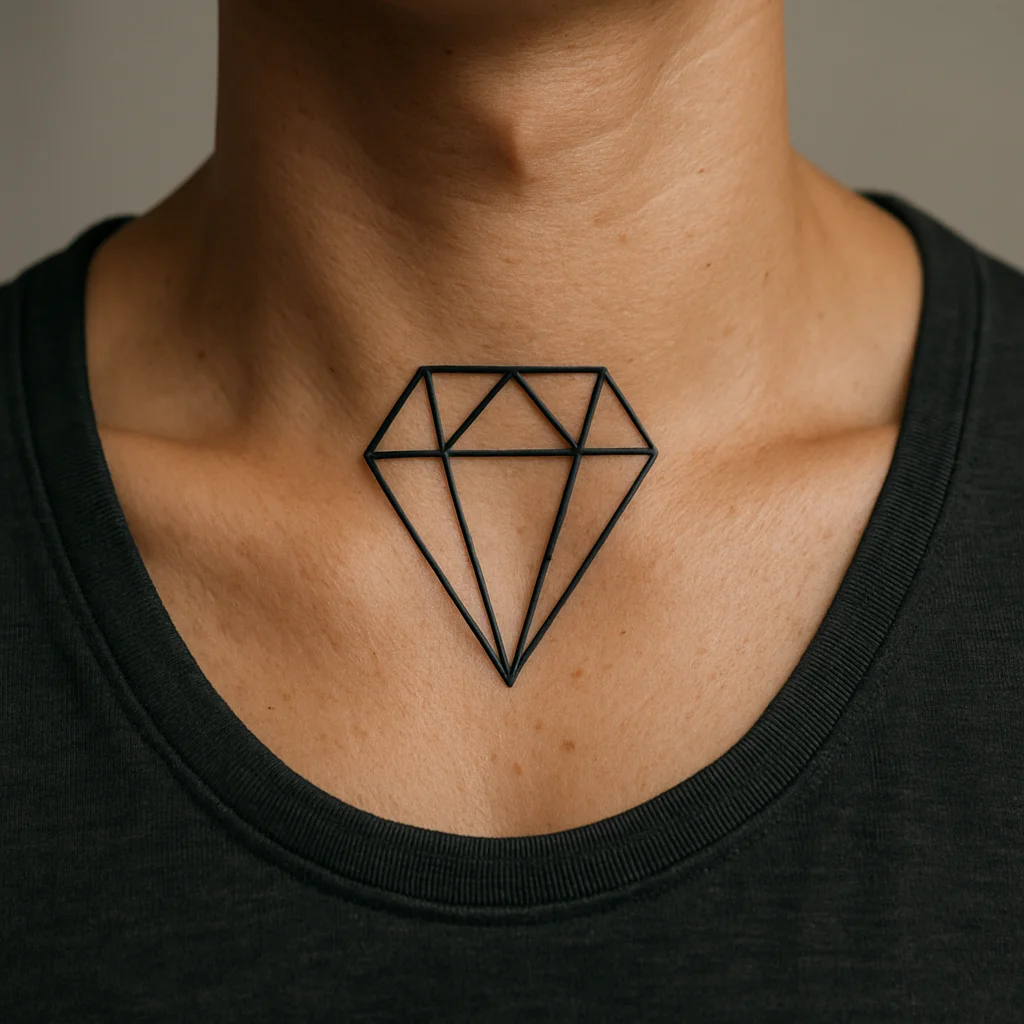Geometric open diamond outline tattoo centred in the throat hollow