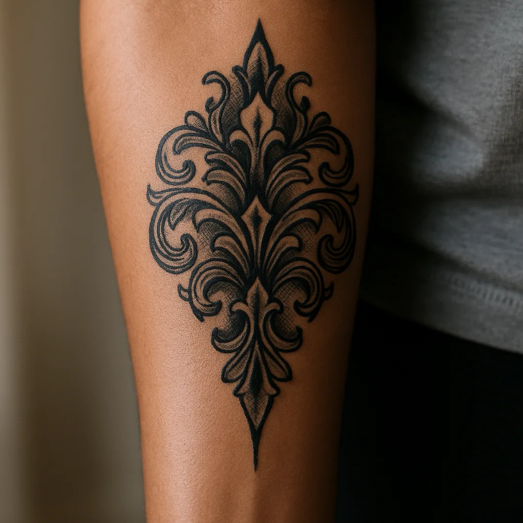 Geometric ornamental filigree with dotwork shading tapering down the inner forearm